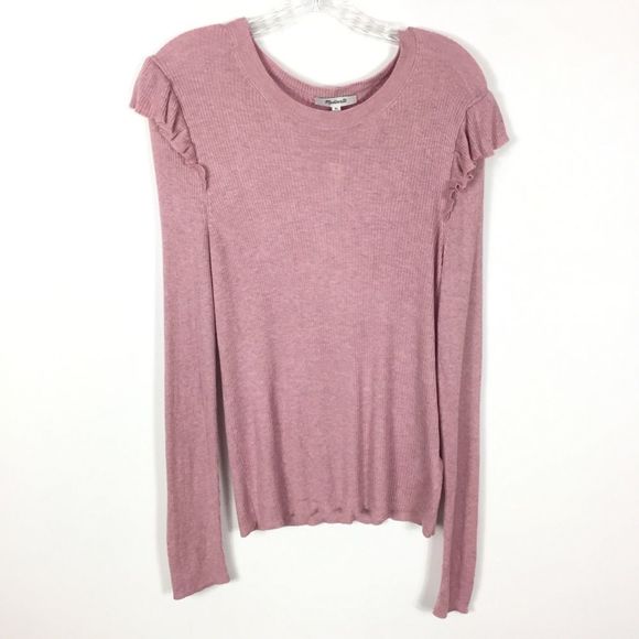 Madewell XL Ruffle Sleeve Pullover Sweater Knit Heather Pink Ribbed Lightweight - Picture 3 of 8